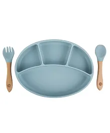 Taabartoli Silicone Plate With Suction Bamboo Spoon And Fork Set- Blue