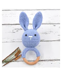 Love Crochet Art Rabbit Rattle Cum Soft Toys Blue - Height 18 cm