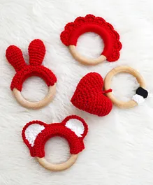 Love Crochet Art Set of 4 Teether Wooden Ring - Red - Height 9 cm
