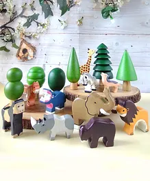 Taruh Kids Wooden Wild Animals & Tree Set Pack of 16 - Multicolour