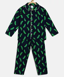 MANET Full Sleeves Cucumber Print Night Suit - Navy Blue