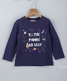 Beebay Full Sleeves To The Moon And Back Text With Planet & Constellations Printed 100% Cotton Tee - Navy Blue