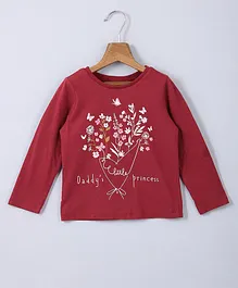 Beebay 100% Cotton Full Sleeves Floral Glitter Printed Tee - Maroon