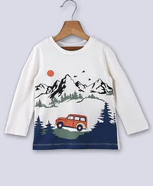 Beebay 100% Cotton Full Sleeves Mountains & Jeep  Graphic Printed Tee - Off White