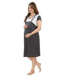 Fabme Half Sleeves Dots Printed Pre And Post Pregnancy Dungaree Nighty - Black