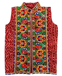 Aglare Sleeveless Garba & Navratri Theme Kutch Koti Embroidered & Mirror Embellished Gujarati Bandhej Jacket - Red