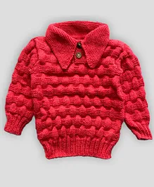 Knitting by Love Full Sleeves Collar Neck Designed Handmade Designed Sweater - Red