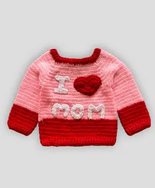 Knitting by Love Full Sleeves I Love Mom Text Detailed Colour Block Handmade Sweater - Pink & Red