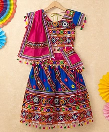 Banjara India Navratri Theme Short Sleeves Kutchi Embroidered Choli & Lehenga With Dupatta - Blue & Multi Color