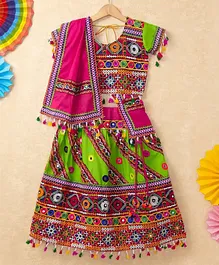 Banjara India Navratri Theme Short Sleeves Kutchi Embroidered Choli & Lehenga With Dupatta - Green & Multi Color