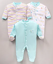 Wonderchild Pack Of 3 Sunshine & Text Printed With Candy Striped Footed Sleep Suits - Sky Blue