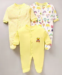 Wonderchild Pack Of 3 Ranibow & Bee Printed With  Striped Footed Sleep Suits - Yellow