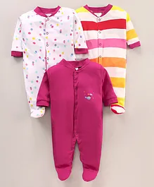 Wonderchild Pack Of 3 Polka Dot Printed With  Striped Footed Sleep Suits - Purple