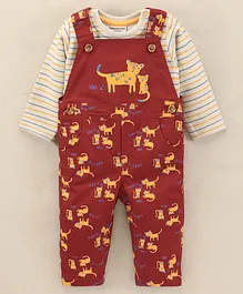 Wonderchild Full Sleeves Striped Tee With Wild Cat Printed Full Length Dungaree - Rust Red
