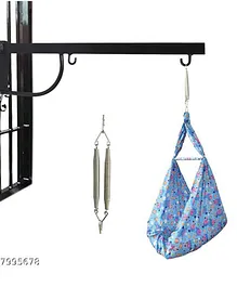 NHR New Born Baby Cotton Hanging Cradle Jhula with Spring & Mosquito Net Stand - Blue
