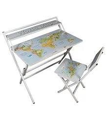 Wishing Clouds World Map Pattern Printed Foldable Study Table and Chair Set - Multicolour
