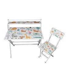 Wishing Clouds Animal Pattern Printed Foldable Study Table and Chair Set - Multicolour