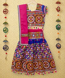 Banjara India Short Sleeves Garba & Navratri Theme Seamless Kutch Embroidered & Mirror Embellished Choli With Coordinaitng Tassel Detailed Lehenga & Dupatta - Blue