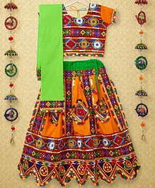 Banjara India Navratri Theme Kutchi Embroidered Lehenga Choli & Dupatta Set - Orange