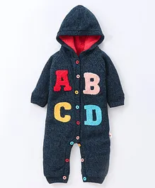 Yellow Apple Acrylic Full Sleeves Winter Wear Hooded Romper with Alphabet Embroidery - Navy