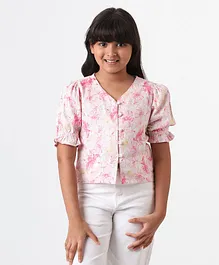 AND Girl Half Puffed Sleeves Seamless Tropical Flowers Printed Top - Cream & Pink