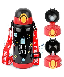 Fiddlerz Kids Water Bottle Space Theme Hot & Cold Bottle for Kids Double Walled Thermos Flask Vacuum Insulated Stainless Steel Bottle Dual Cap Bottle with Straw & Wide Mouth Cap (450 ml) (Black)