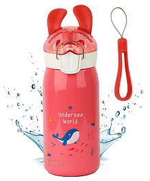 Fiddlerz Water Bottle For Kids Stainless Steel Kids Bottle Double Walled Vacuum Insulated Bunny Design Water Bottle Hot and Cold Thermos Flask with Straw - Red (530 ml)