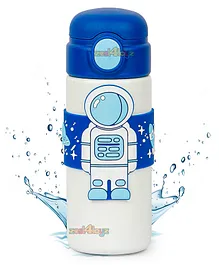 Fiddlerz Stainless Steel Water Bottle For Kids Astronaut Edition Insulated Kids Water Bottle Spill Proof Straw Valve Pop Button BPA Free Soft Grip Water Bottle for School BLUE - 500 ML