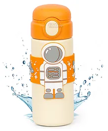 Fiddlerz Stainless Steel Water Bottle For Kids Astronaut Edition Insulated Kids Water Bottle Spill Proof Straw Valve Pop Button BPA Free Soft Grip Water Bottle for School ORANGE - 500 ML