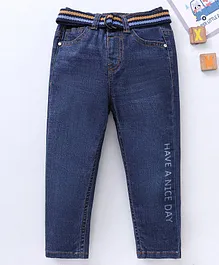 Babyhug Full Length  Denim Washed Text Print Jeans With Belt  - Blue