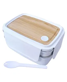 Spanker Wood Double Decker Finish Lunch Box Thermal Stainless Steel Insulation Box Tableware Set Portable Tiffin Box  Student Children Keep Food - White