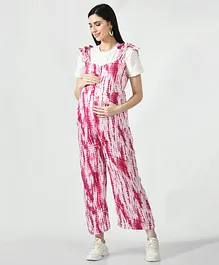 Mometernity Sleeveless Half Sleeves Solid Tee With Shibori Tie & Dye Maternity Jumpsuit Ankle Length - Pink
