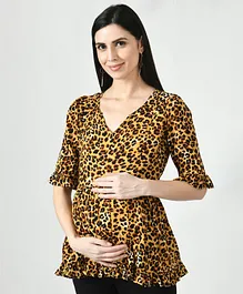 Mometernity Three Fourth Sleeves Leopard Print Maternity And Nursing Top - Brown Black