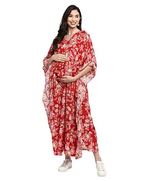 Momsoon Three Fourth Batwing Sleeves Seamless Floral Printed Flared Kaftan  - White & Red