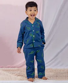SnuggleMe Full Sleeves All Over Cactus Printed Shirt With Coordinating Pyjama - Blue