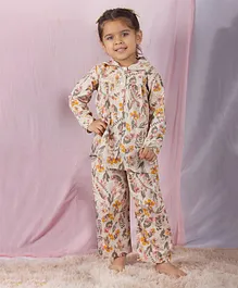SnuggleMe Full Sleeves Seamless Vintage Floral Printed & Lace Embellished Shirt With Coordinating Pyjama - Cream