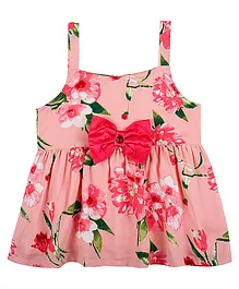 Shoppertree Sleeveless Floral Printed & Bow Applique Dress - Peach