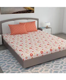 Divine Casa Abstract Blend Cotton King Bedsheet with 2 Pillow Covers - Pink Grey & Off White