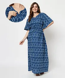 Aujjessa Half Batwing Sleeves Seamless Abstract Pattern Printed Kaftan Style Maternity Feeding Dress - Indigo