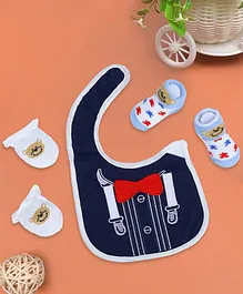 Baby Moo Gentleman Suspender Patch Design Feeding Bib With Bear Design Mittens & Socks - Blue & Multi Color
