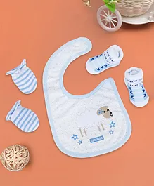 Baby Moo Sheep Suspender Patch Design Feeding Bib With Bear Design Mittens & Socks - White Blue & Multi Color