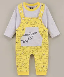 Jb Club Full Sleeves Solid T Shirt With Dog Print And Embroidered Dungaree - Yellow