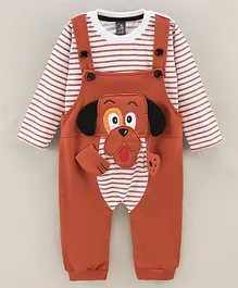 Jb Club Full Sleeves Striped Tee With Dog Applique Detail Dungaree - Rust Red