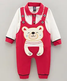 Jb Club Full Sleeves Polo Tee With Bear Patch Detail Dungaree Set - Red