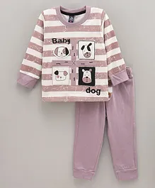 Jb Club Full Sleeves Striped & Dog Printed Tee & Pajama Set - Mousse Brown
