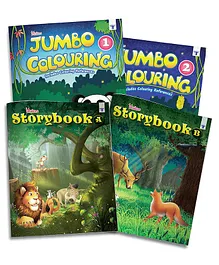 Jumbo Coloring Book 1 and 2, Story Book A and B Combo of 4 Books - English