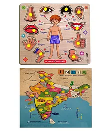 Enorme Big Wooden India Map and Human Body Parts Puzzle with Knobs Educational and Learning Game For Kids Multicolour - 28 Pieces