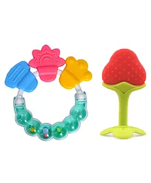 Enorme Strawberry Fruit Shape Silicone Teether with Round Shape BPA Free Silicone Bell Teether Ring for Infants - Multicolour