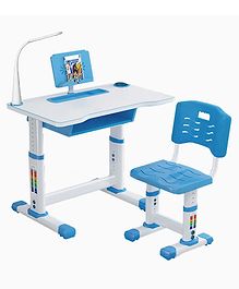 SYGA Kids Height Adjustable Desk and Chair Set Study Table Writing Desk with Eye Protection Lamp Bookshelf 70 CM Upgraded Blue