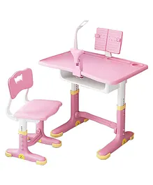 SYGA Kids Height Adjustable Study Desk and Chair Set With Eye Protection Lamp Bookshelf - Pink